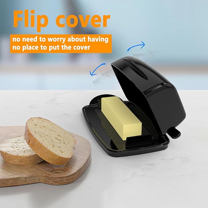 Butter Dishes with Lid for Countertop Refrigerator, Plastic Butter Dish Clear Flip Top Lid Butter Container with Spreader, Non-Slip Bottom Butter Holder Keeper (Black)