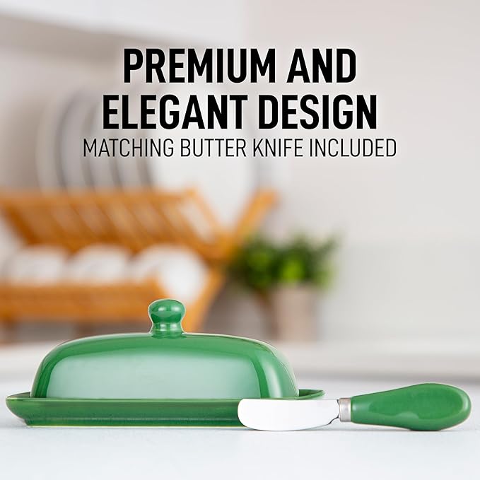 Zulay Butter Dish With Lid For Countertop - Porcelain White, Ceramic Butter Dish with Knob Handle Great for Cooking - Elegant Design Butter Holder - Durable & Sturdy Butter Keeper - Jade