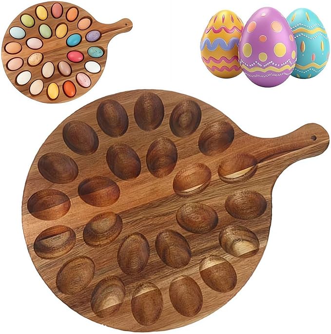 24 Holes Wood Deviled Egg Platter Round Tray for Devilled Eggs Container, Charcuterie Board for Kitchen Countertops, Deviled Egg Tray Holder for Easter, Gathering, Thanksgiving & Parties