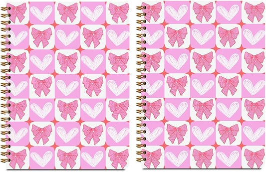 2Pcs Spiral Notebook, Pink Bow Heart College Ruled Spiral Notebook, 160 Pages Hardcover Notebooks Journals for Writing Travel Business Office, Cute Pink Aesthetic Notebooks for Women