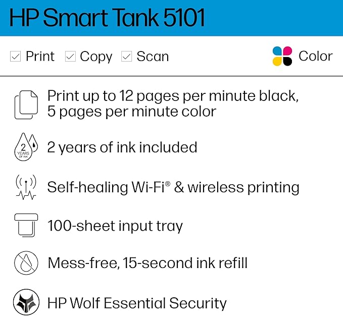 HP Smart Tank 5101 Wireless All-in-One Ink Tank Printer with up to 2 years of ink included (1F3Y0A)