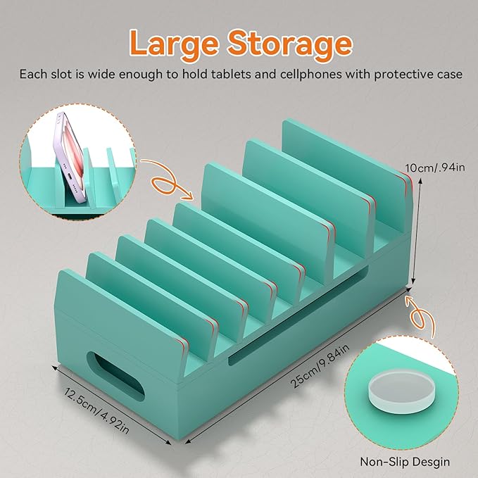 Pezin & Hulin Bamboo Charging Station with Watch Stand, Docking Holder for Multi Device with 5 Charge Cables, Desktop Dock Stations Electronic Organizer for Cellphone, Tablet, Watch-Teal