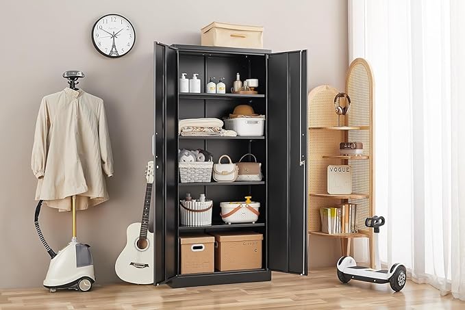 Metal Storage Cabinet with Adjustable Shelves, Garage Storage Cabinets with Doors and Shelves, File Cabinets for Home Office, Kitchen Pantry Cabinet, 71'H, Black