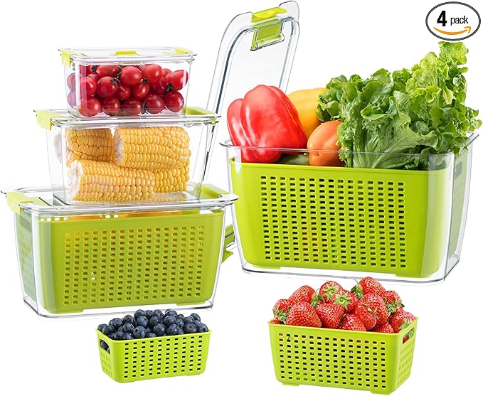 LUXEAR Fruit Vegetable Storage Container, 4 Pack Fresh Containers for Fridge with Lids BPA-Free Produce Refrigerator Organizer for Fruit, Veggie, Berry, Meat Storage Keep Fresh Longer-Green