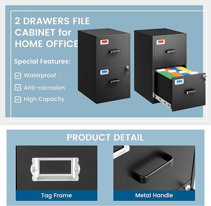 2 Drawer File Cabinet with Lock, 25.4" High Vertical Filing Cabinet, 17.7" Deep Metal Storage Cabinets for Home Office, Letter/Legal/A4/F4 Size, Black(Assemble Required)