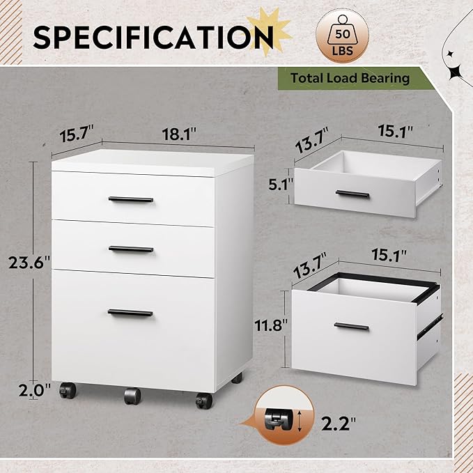 DEVAISE 3 Drawer File Cabinet for Home Office, Wood Under Desk Filing Cabinet, Rolling Printer Stand with Wheels, White