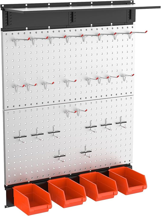 TORACK 69PCS Metal Pegboard with Accessoreis for Garage Wall, Tool Organizer Pegboard with Hooks, Wall Mounted Bins/Shelf, Tool Storage Peg Board for Wall(Grey)