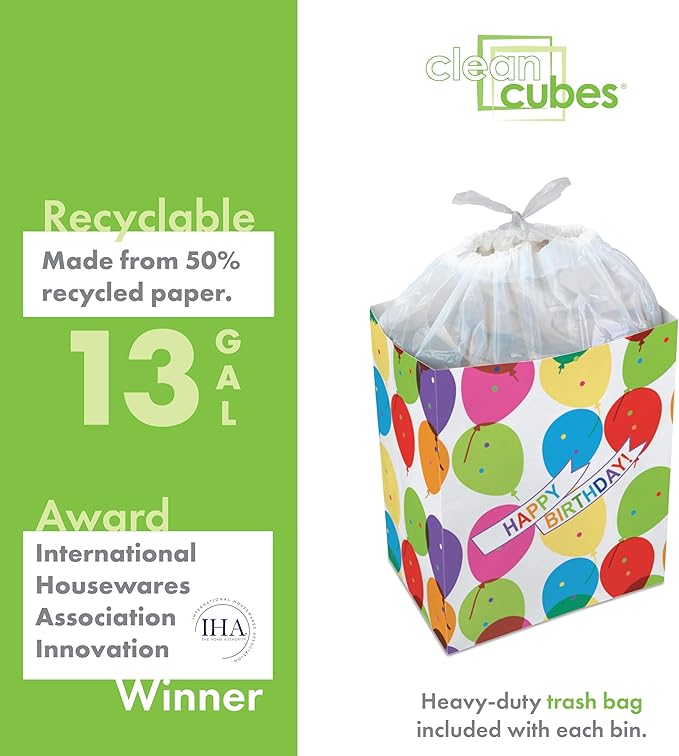 | 13 Gallon Disposable Trash Cans (6-Pack) with Fitted Trash Bags - Reusable Garbage and Recycling Bins for Parties, Events, and More (Birthday - 17" Height x 13.5" Width x 10" Depth)