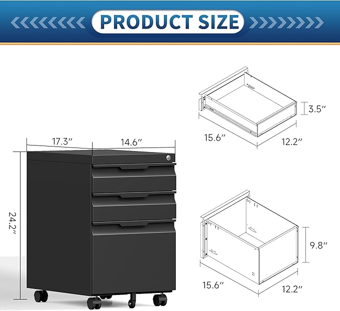 3 Drawer File Cabinet with Lock and Wheels,Rolling File Cabinets with Lock,Vertical Metal Filing Cabinet for Legal/Letter/A4 File-Black/Assembly Required