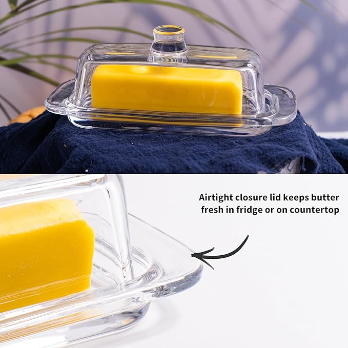 Glass Butter Dish with Cover, Clear Crystal Butter Holder Tray with Lid for Countertop Refrigerator