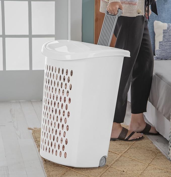 (1-Pack) Wheeled Laundry Basket - 135 Liters Large Capacity - White Plastic with a Cover and Extendable Handle, Suitable for Homes, Dormitories,Laundry Rooms and Apartments.