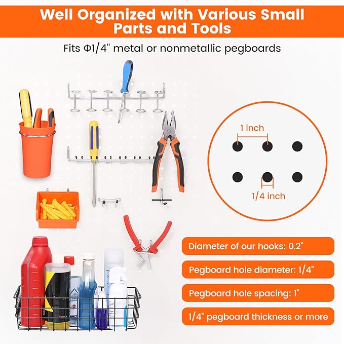 Pegboard Organizer Accessories Kit 264 PCS, Peg Board Hooks Assortment with Bins, Cups, Baskets for 1/4in Pegboard Wall Organizer, Garage Organization, Workbench, Craft Room, Hanging Tools