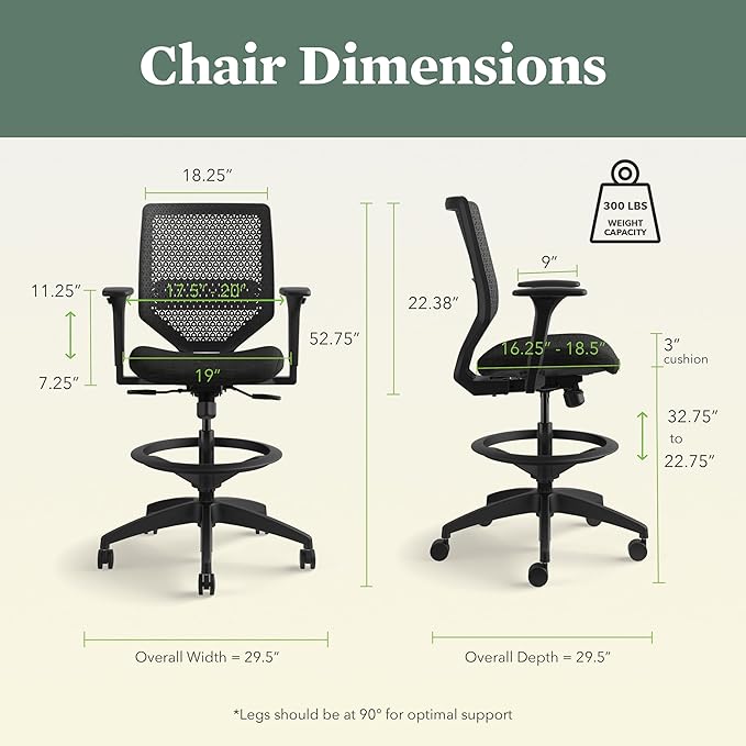 HON Solve Standing Desk Chair, ReActiv High Back Support, Office Chair with Foot Rest, Ergonomic Office Chairs, Adjustable Height