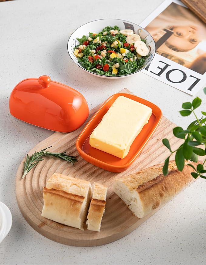 Sweejar Ceramic Butter Dish with Lid for Countertop,Porcelain Butter Keeper with Knob Handle,Butter Container for East/West Coast Butter, 7 inches (Orange)