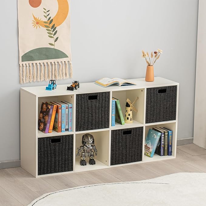 Handwoven Paper Woven Cube Basket Organizer with Handles set of 4 Foldable Storage baskets for Bedroom Living Room Cubby Storage Units for Clothes Books Toys (Black, 13" L x 13" W x 13" H)