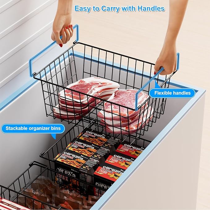 Freezer Organizer Bins, Large Capacity Stackable Baskets for Deep Chest Freezer Easy Get and Sort Bottom Frozen Meats Food Storage Containers Pantry Storage and Organization, 4pcs