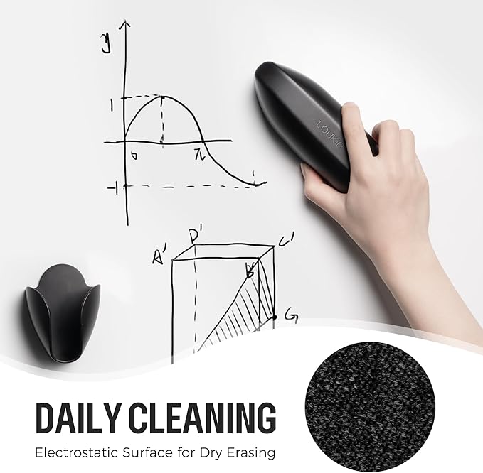 loukin Replaceable Dry Erase Eraser, Double-Sided Whiteboard Eraser with Magnetic Holder, Precision-Point Glass Board Wiper for Classroom, Home and Office (Whiteboard Cleaner Included), Black (Black)