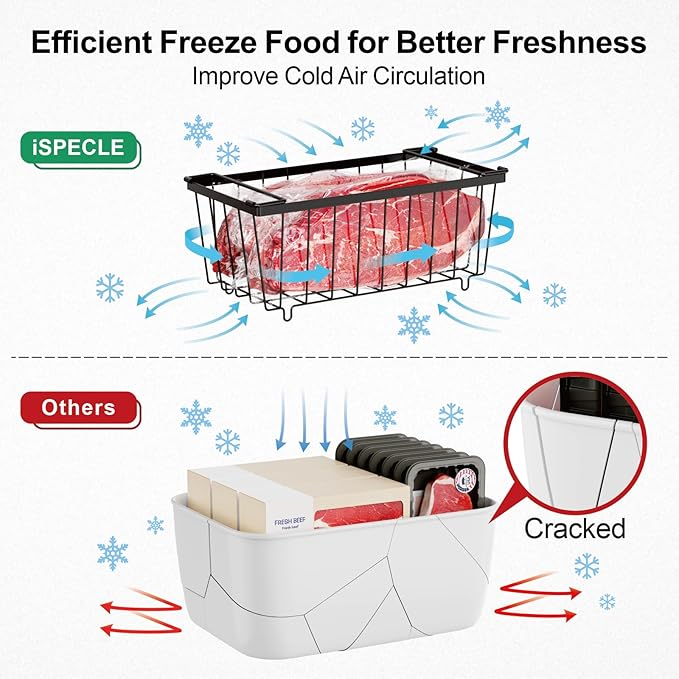 iSPECLE Chest Freezer Organizer Bins 8 Pack - Fit 7 Cu.Ft Deep Freezer, 2 Adjustable Hanging Baskets and 6 Pack Stackable Freezer Bins, Deep Freezer Organizer Bins Sort Frozen Food, Black