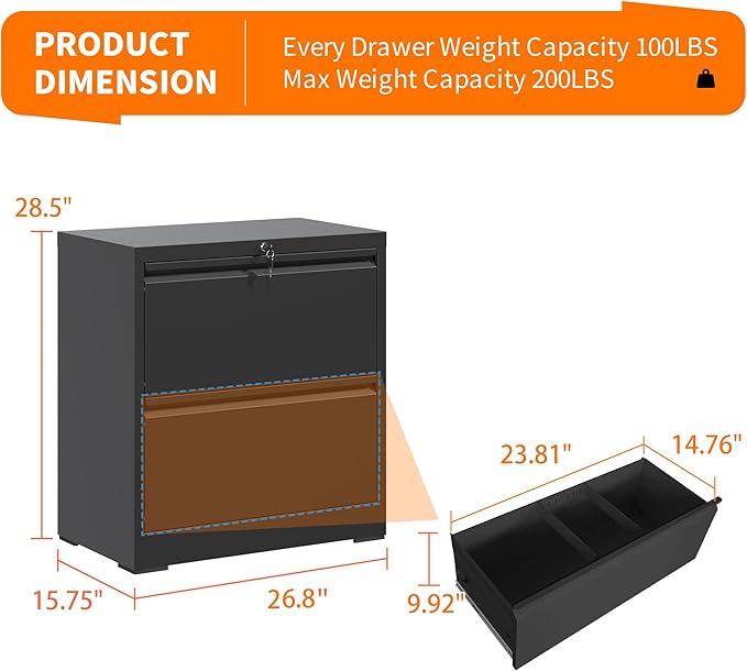2 Drawer Locking Filing Cabinet Heavy Duty Large Metal Cabinets Black Home Office Lateral File Cabinets Wide Steel Cabinet for Legal/Letter Size File,Assembly Required