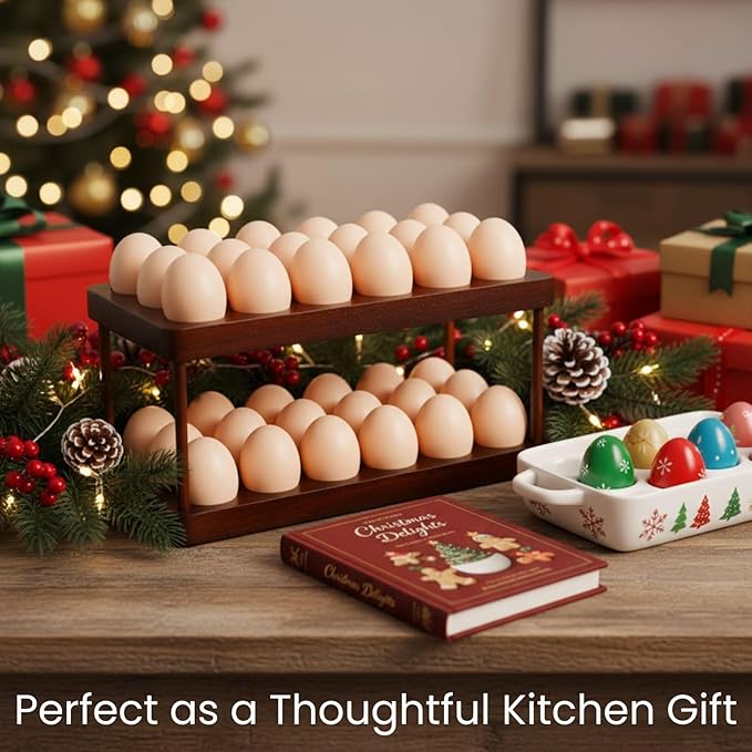 YOUEON Acacia Wooden Egg Holder with Double Layers, Detachable Wooden Egg Tray Holds 36 Fresh Eggs, Countertop Storage Rack for Gathering Fresh & Easter Eggs, Rustic Decor