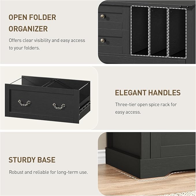 Farmhouse File Cabinet, Lateral Filing Cabinet with 3 Drawers and Folder Organizer, Office Storage Cabinet for A4 Letter Size Files, Printer Stand with Storage for Home Office, Black