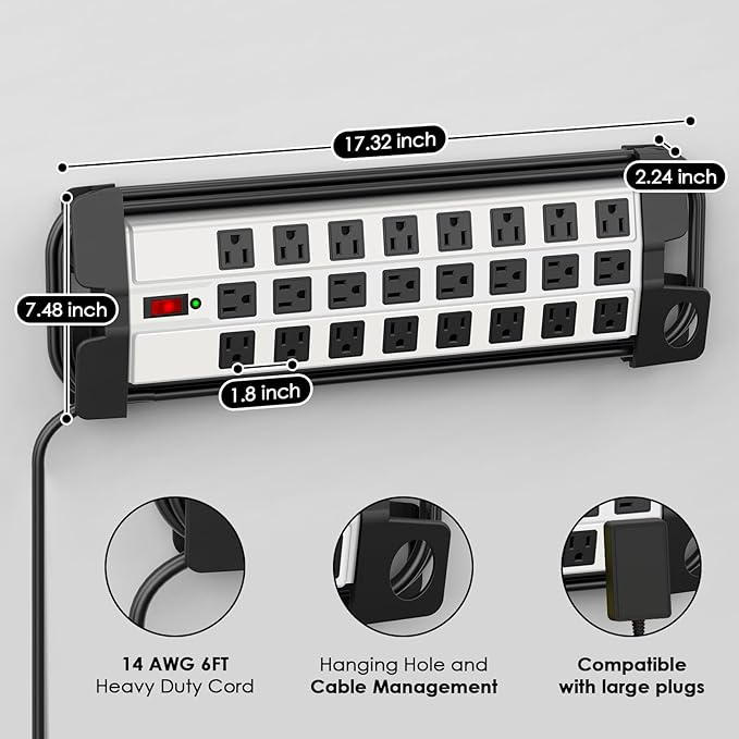 HHSOET Heavy Duty Power Strip with Surge Protection, Industrial Commercial Metal 24 Outlets Wall Mount for Garage Shop, 15 Amp, Switch, 6FT Extension Cord, Grey.