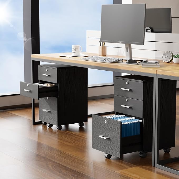 VINGLI 3-Drawer File Cabinet with Lock, Wood Rolling Filing Cabinets for Home Office, Mobile Printer Stand, Under Desk File Organizer for Letter Sized Files, 26" H(Caster Included), Black