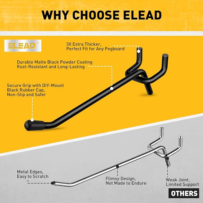 ELEAD 60-Piece 4 Inch Extra Thick Pegboard Hooks, Heavy Duty Peg Board Organizer Accessories, Peg Board Tool Hangers Fit for 1/4" Pegboard Hanging Tools Garage, Workshop, and Craft Storage