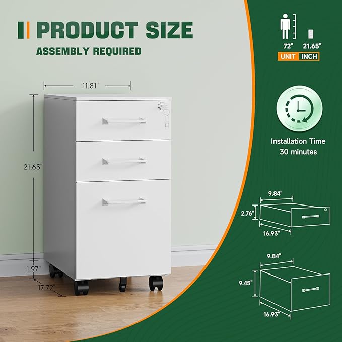 Letaya 3 Drawer Mobile File Cabinet with Lock,Under Desk Metal Filing Cabinets for Home Office Organizer,Small Rolling Printer Stand with Wheels,for Letters/Legal/A4(Assembly Required) (White)