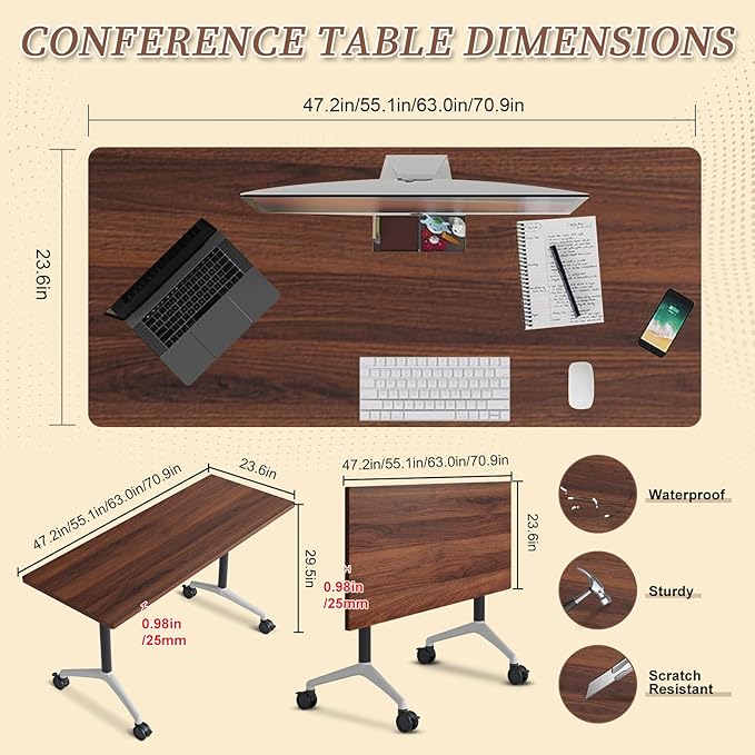 Folding Conference Room Table, Modern Conference Tables with Wheels, Large Rectangular Mobile Training Tables for Office Classroom, Foldable Modular Boardroom Seminar Table (8pack L63in)