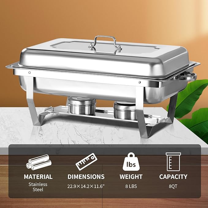 8 Qt 8 Pack Full Size Stainless Steel Chafing Dishes Buffet Set, Silver Rectangular Catering Chafer Warmer Set with Trays Pan Lid Folding Frame Stand for Kitchen Party Banquet Dining