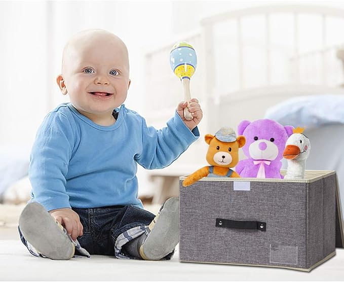 Small Storage Boxes with Lids 2 Pack Linen Collapsible Cube Storage Basket with Handle & Label, Jane's Home Foldable Fabric Storage bins for Shelf & Closet to storage Clothes & Toys