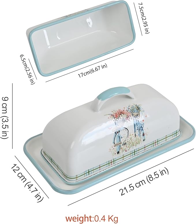Enameled Farmhouse Vintage Butter Dish with Lid, 7.5 Inch Durable Kitchen Food Storage Container Rust-Resistant Refrigerator Safe,Vintage Decorative Design Kitchenware for Countertop