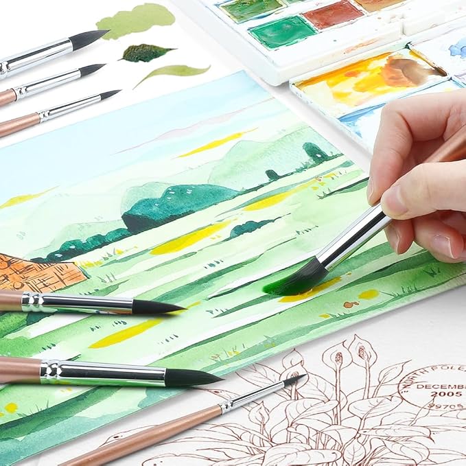 Transon 8pcs Round Watercolor Paint Brush Set Goat Hair for Watercolors,Acrylics,Inks,Gouache,Oil and Tempera