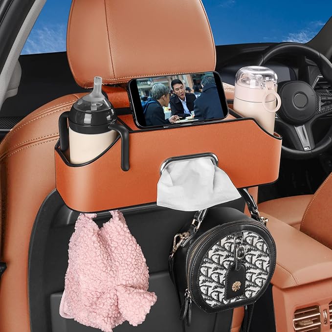 Car Seat Back Organizer - Stylish & Functional Storage for Family Adventures - Cup Holders, Tissue Box & Hooks - Perfect for Kids, Road Trips & Travel (Orange)