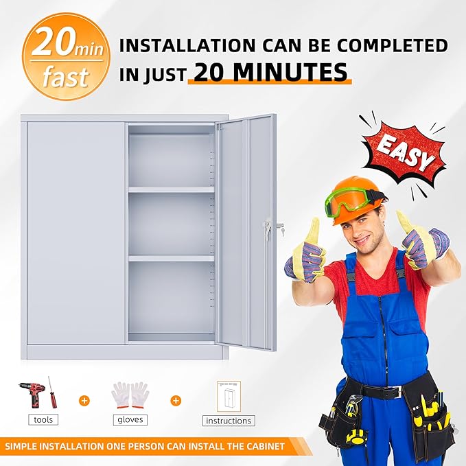 INTERGREAT Metal Cabinet with Lock, Lockable Metal Storage Cabinets with Doors and Shelves for Garage, Cement Grey Locking Garage Storage Cabinets 36"×32"×16"