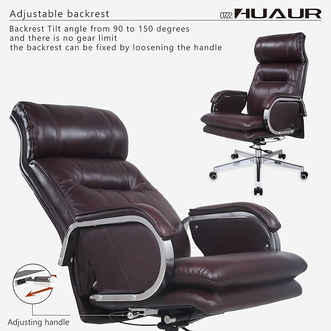 Genuine Leather Modern Executive Chair High-Back Support 90 to 150 Degrees Tilt and Upholstered Home Desk Chair with Base 360LB Capacity Swivel Computer Office Chair (Brown)
