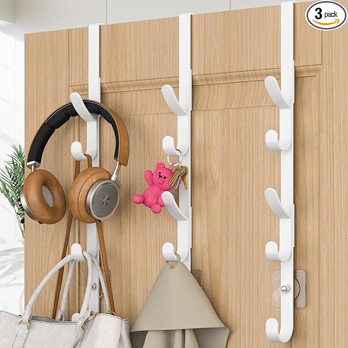 Over The Door Hooks, Metal Door Hooks for Hanging, Over The Door Purse Organizer for Coat Hanger, Back of Shower Door for Hanging Towel Rack Clothes, Hat, Bathroom, Closet (White-3Packs)