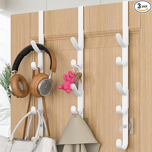 Over The Door Hooks, Metal Door Hooks for Hanging, Over The Door Purse Organizer for Coat Hanger, Back of Shower Door for Hanging Towel Rack Clothes, Hat, Bathroom, Closet (White-3Packs)