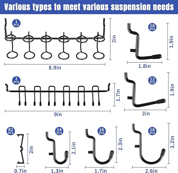 196 PCS Extra Thick 1/4" Pegboard Hooks Set, Heavy Duty Peg Board for Hanging Storage, Black Metal Pegboard Accessories with Pegboard Bins for Garage Wall Organizer