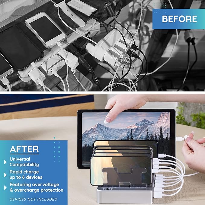 Charging Station for Multiple Devices, with 6 USB Fast Ports, Compatible with Cell Phones, Smart Phones, Tablets, and Other Electronics (Silver)