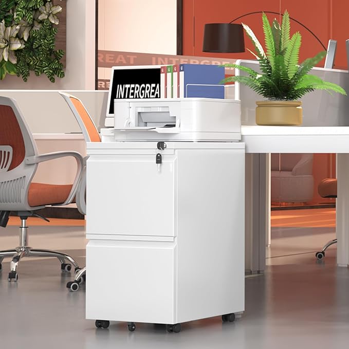 INTERGREAT Mobile File Cabinet with Lock,Under Desk Metal Filing Cabinet for Home Office, White 2 Drawer File Cabinets with Wheels for Legal/Letter/A4 File