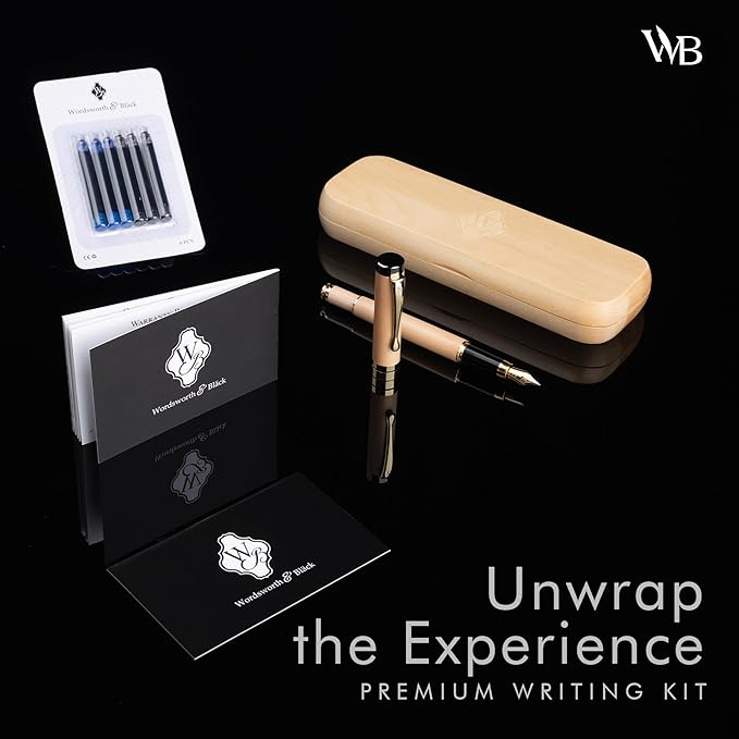 Wordsworth & Black Fountain Pen Set, Luxury Bamboo Wood - Medium Nib, Gift Case; Includes 6 Ink Cartridges, Ink Refill Converter -Journaling, Calligraphy; Drawing, Smooth Writing [Maple Wood]