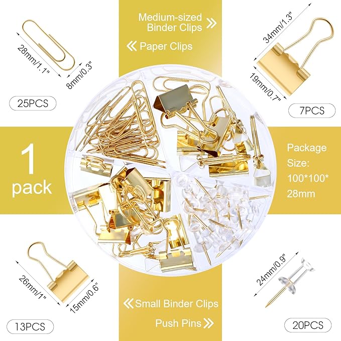 1560 Pcs Paper Clips and Binder Clips Assorted Sizes, Large Medium Small Binder Clip Paperclips Thumb Tacks, College Supplies Home Office Supplies Document Organizing(Gold)