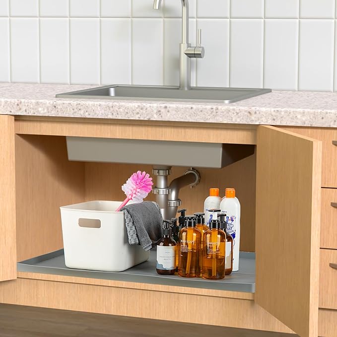 Under Sink Mat, 34"x22" Under Sink Mats for Kitchen, Silicone Waterproof Under Sink Liner, Sink Cabinet Organizer Tray with Drain Hole (Gray, 34 * 22)