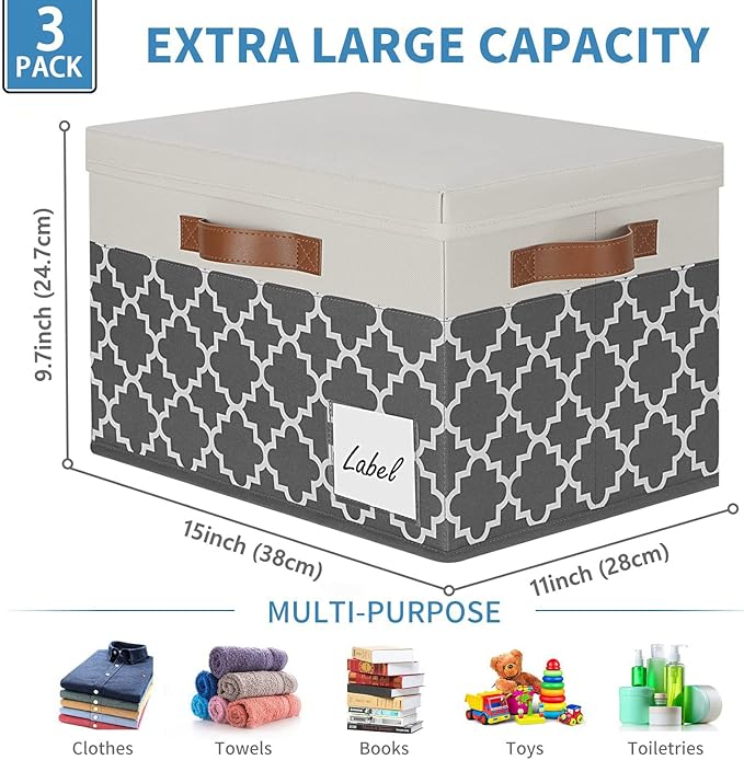 GhvyenntteS Large Fabric Storage Bins with Lids (3 Pack), Foldable Decorative Storage Boxes with Lids and 3 Handles, Sturdy Storage Baskets with Label Window for Home Office (White&Lattice Grey)