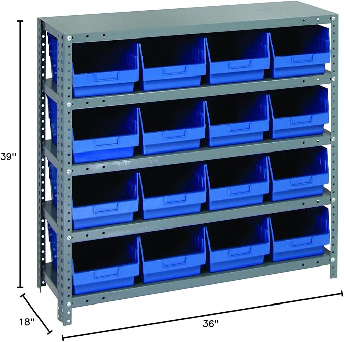 Quantum Storage Systems 1839-208BL Store More Steel Shelving Unit with 6" Shelf Bins, 18" D x 36" W x 39" H, Blue