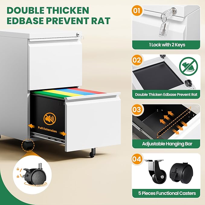 2 Drawer Mobile File Cabinet with Lock,Under Desk Filing Cabinet for Home Office, Metal Filing Cabinets on Wheels for Legal/Letter/A4 File, Assembled Required, White