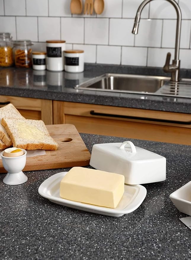 Sweese Large Butter Dish with Lid for Countertop, Porcelain 8oz Butter Keeper with Handle Cover Design, 7.7 Inch Butter Container Perfect for East/West Coast Butter, White