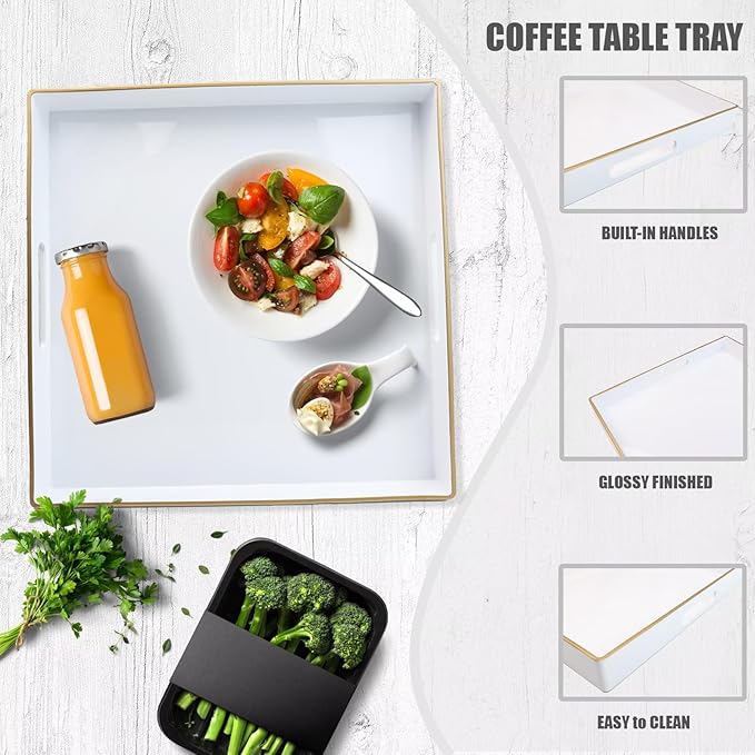 Spsyrine Decorative Tray, 13" Plastic Square Coffee Table Tray with Handles for Living Room, Ottoman, Bathroom Decor